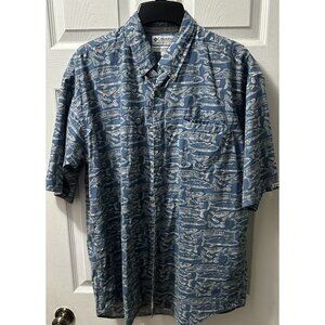 COLUMBIA Sportswear Mens SS Shirt Size L Blue Fish Print‎ Button Down Cotton